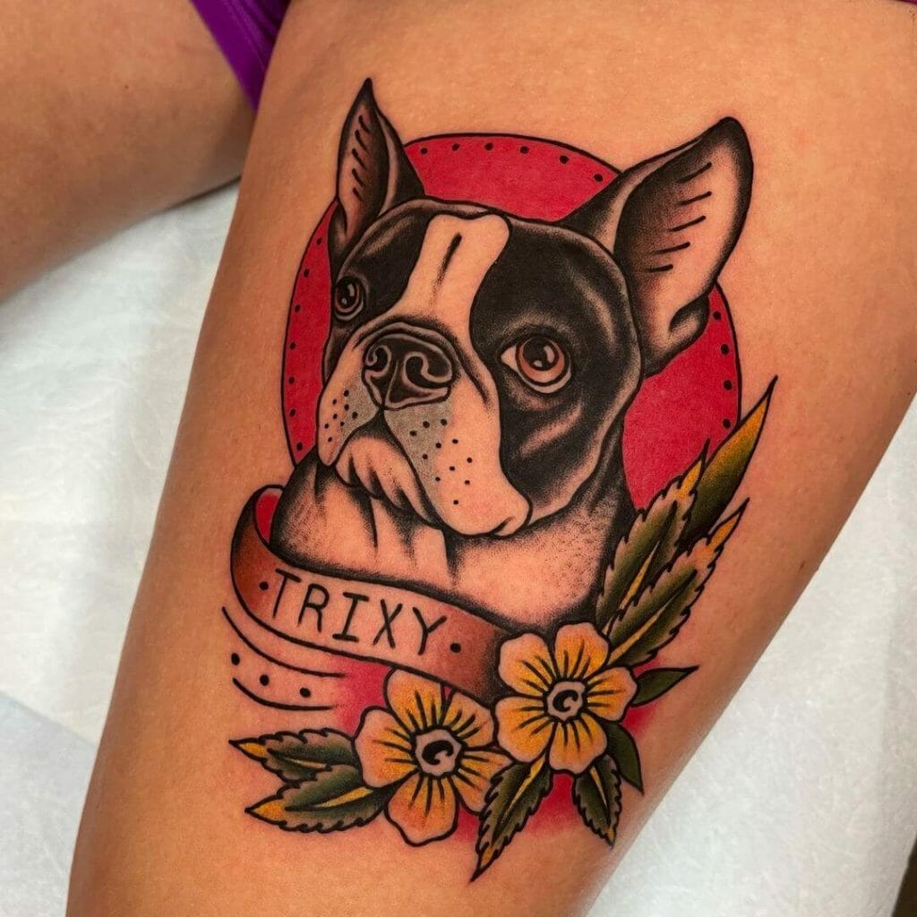 French Bulldog Portrait Tattoo with Custom Banner and Floral Accents