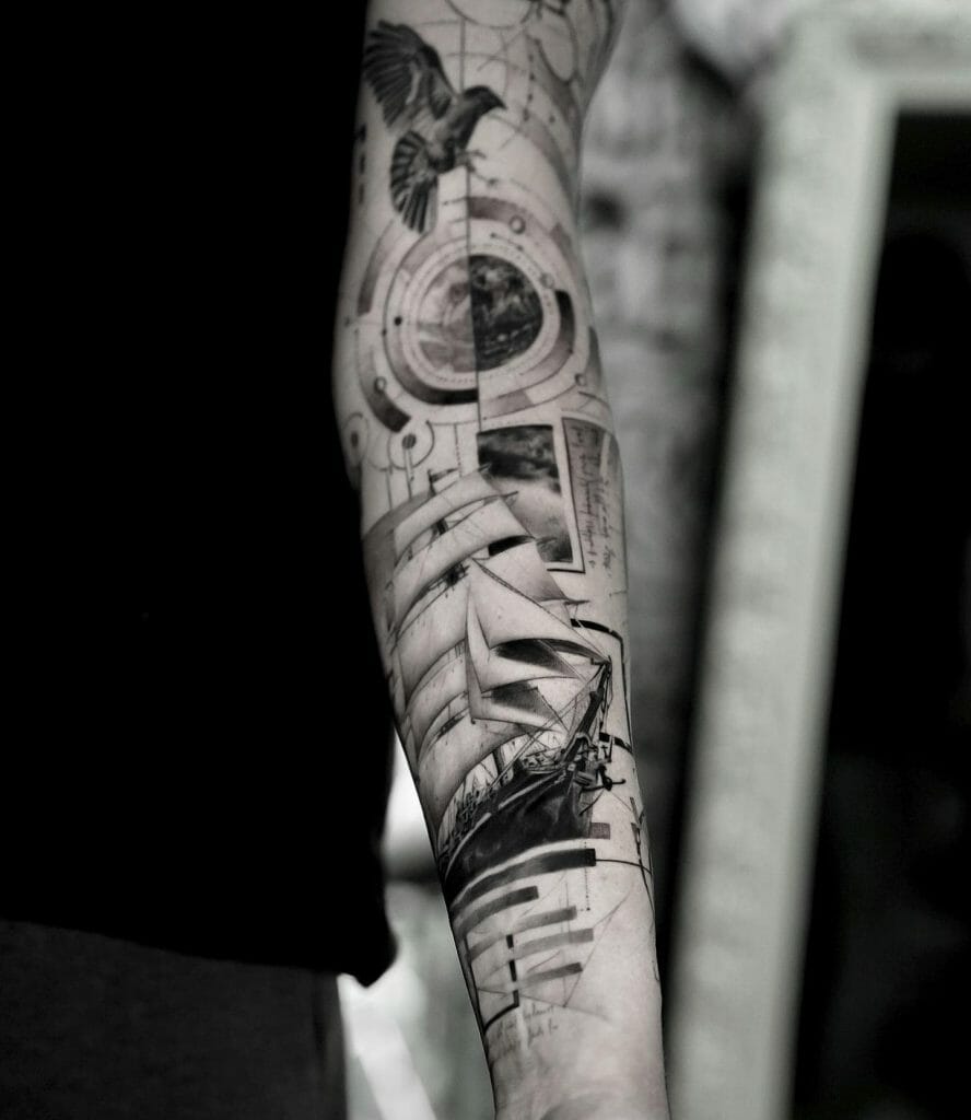 An Abstract Sleeve Tattoo With A Ship