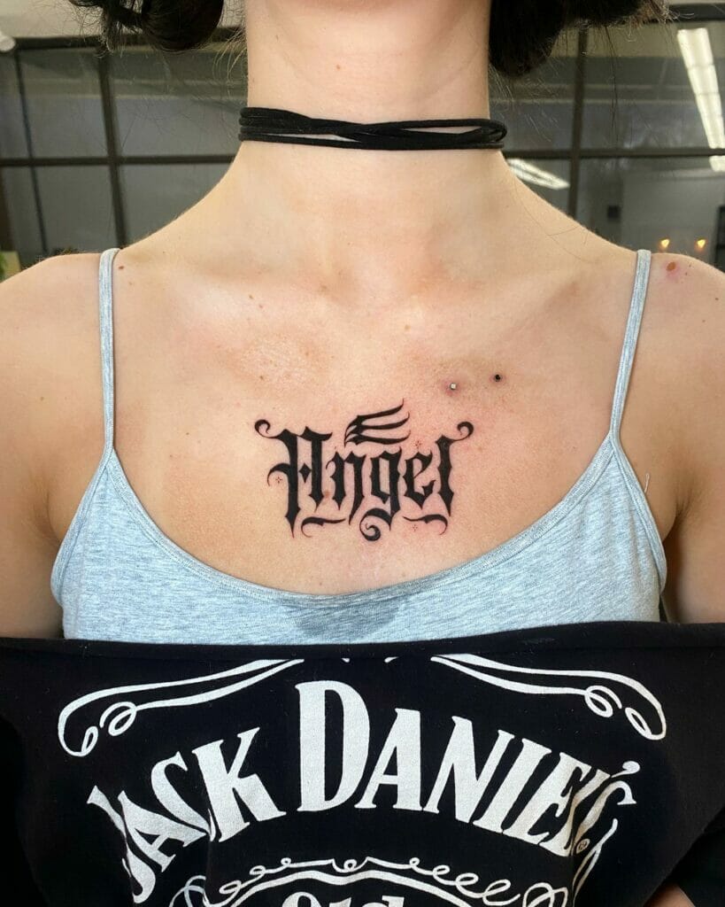 Angel name tattoo on upper chest