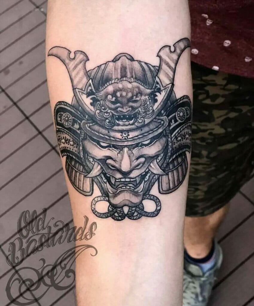 Samurai Mask Tattoo On Forearm Placement