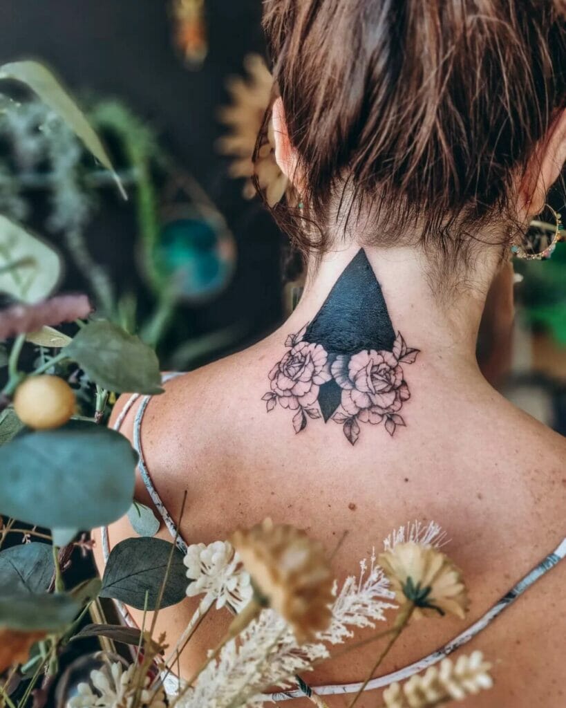 Black Ink Outlined Roses And Bold Background Behind Neck Ink