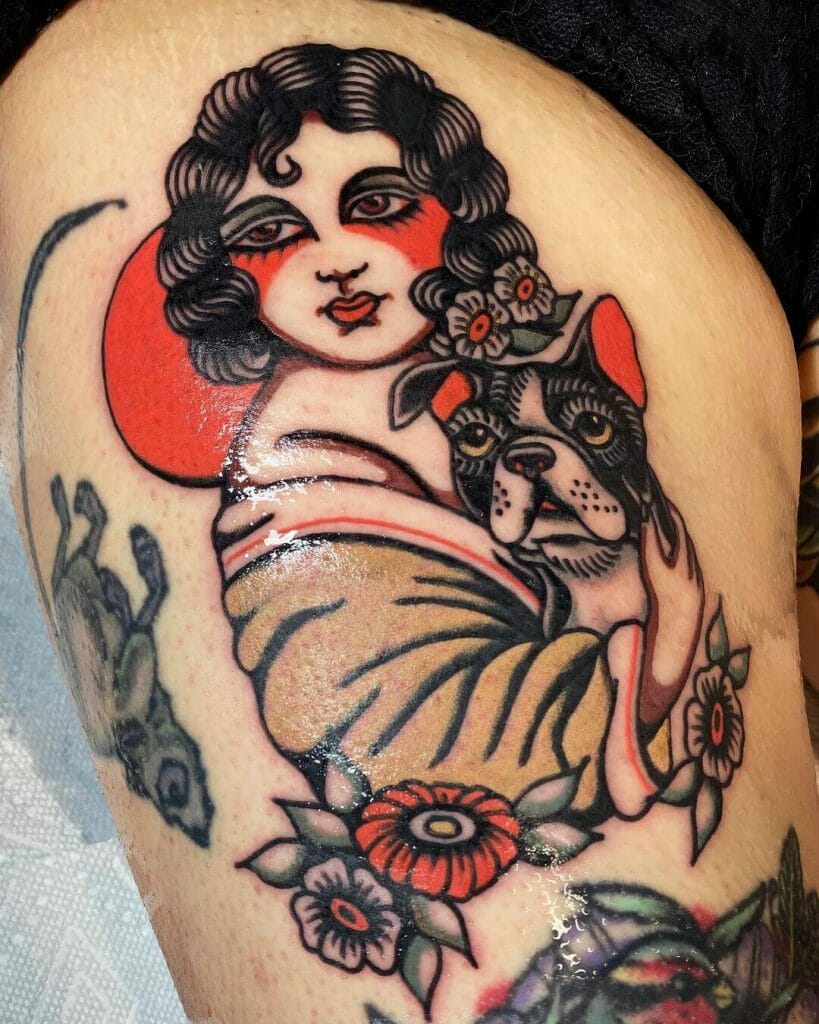 Vintage Traditional Woman Holding Dog Tattoo with Floral Accents