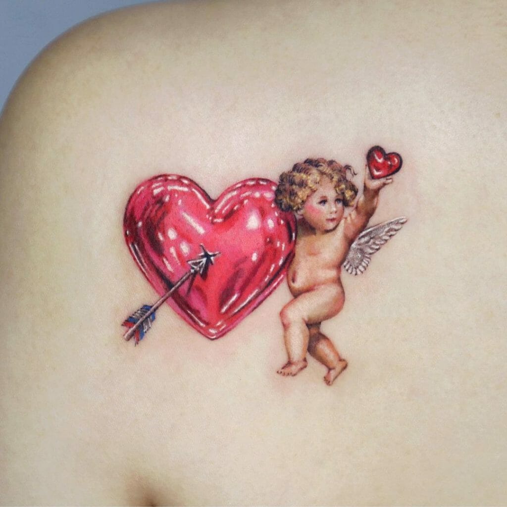 Tattoo of a baby angel with a beautiful heart