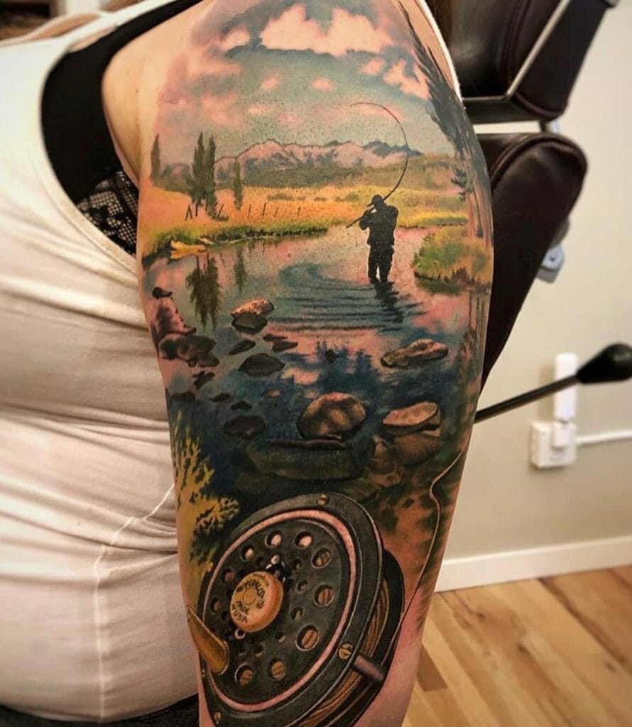 Beautiful colorful fly fishing tattoo