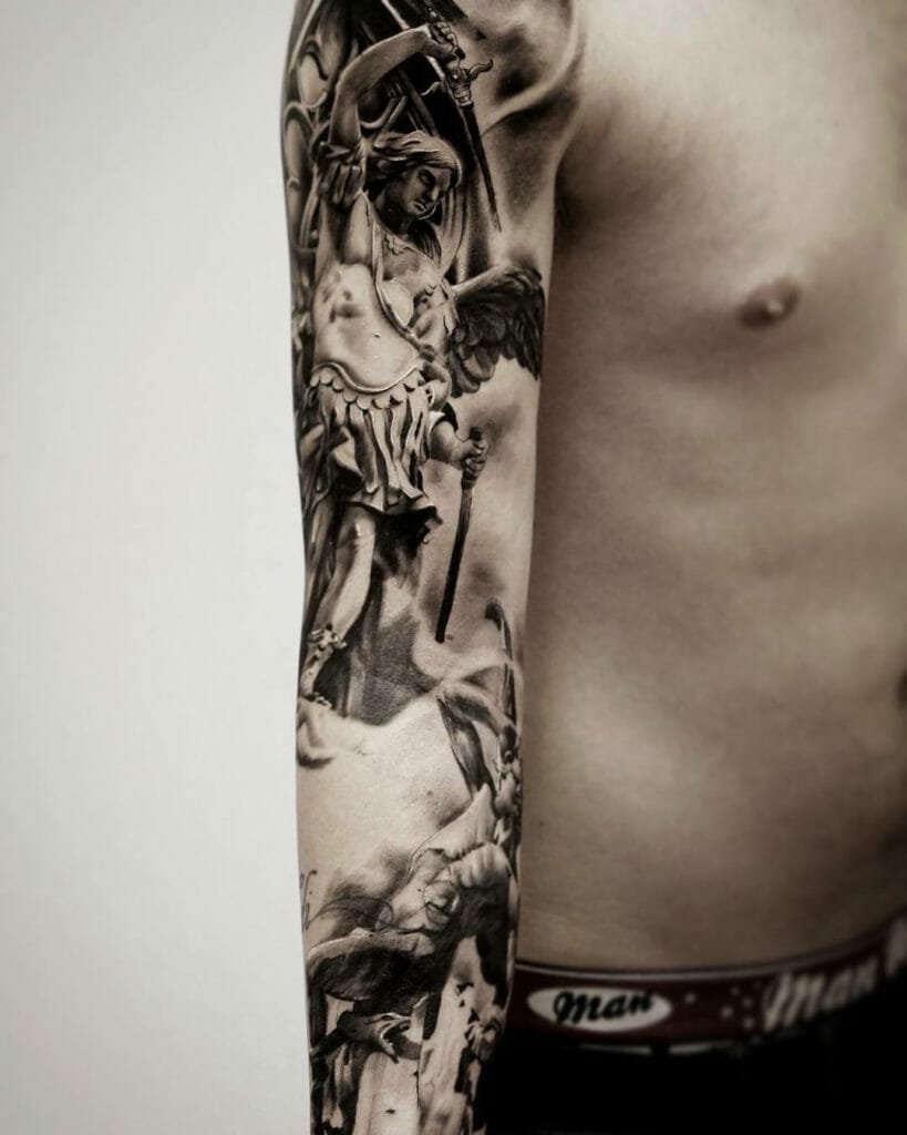 Black And Grey Angel Sleeve Tattoo Designs