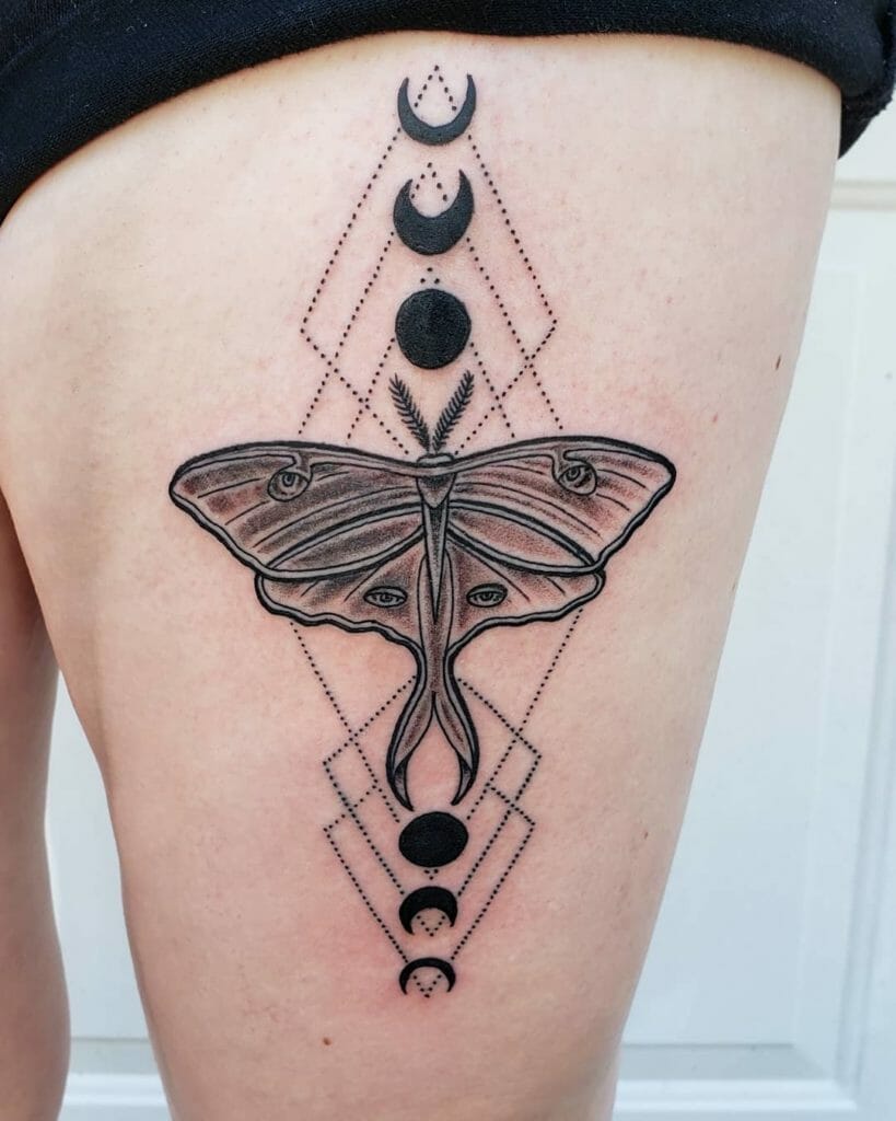 Black and Gray Luna Moth Tattoo Geometric Shapes