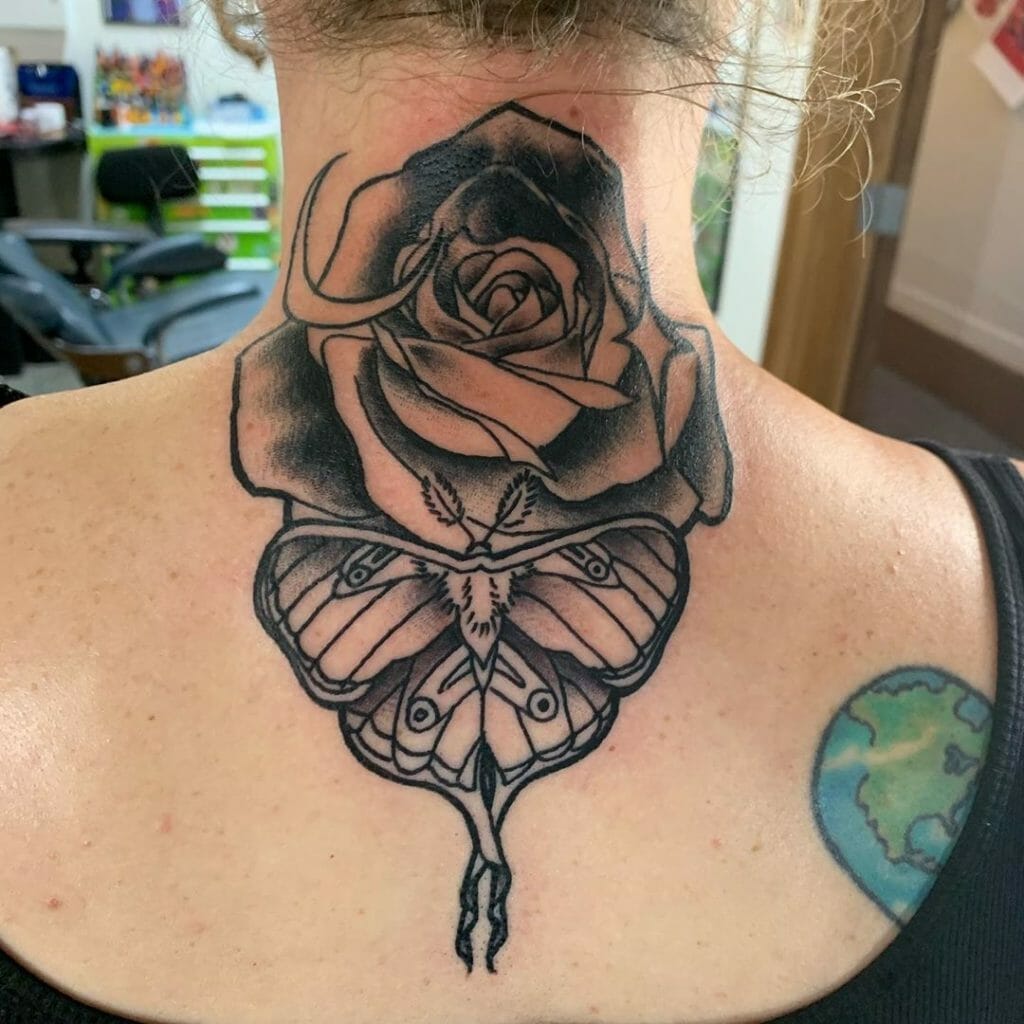 Black and Gray Luna Moth and Rose Neck Tattoo