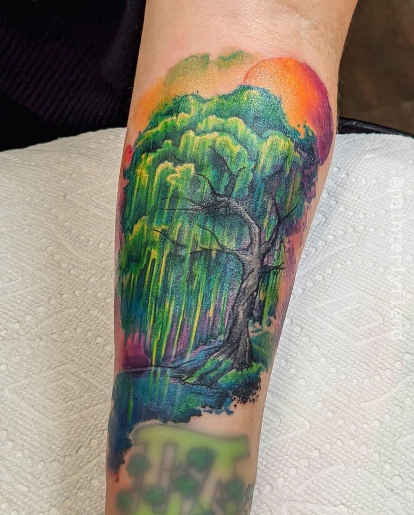 Bright & Colorful Weeping Willow Tree Tattoo