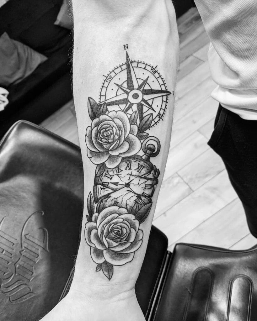 Broken Clock with Flowers tattoo