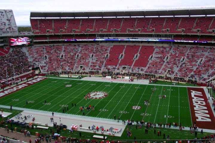 Aerial shot of Bryant Denny Stadium in Alabama.