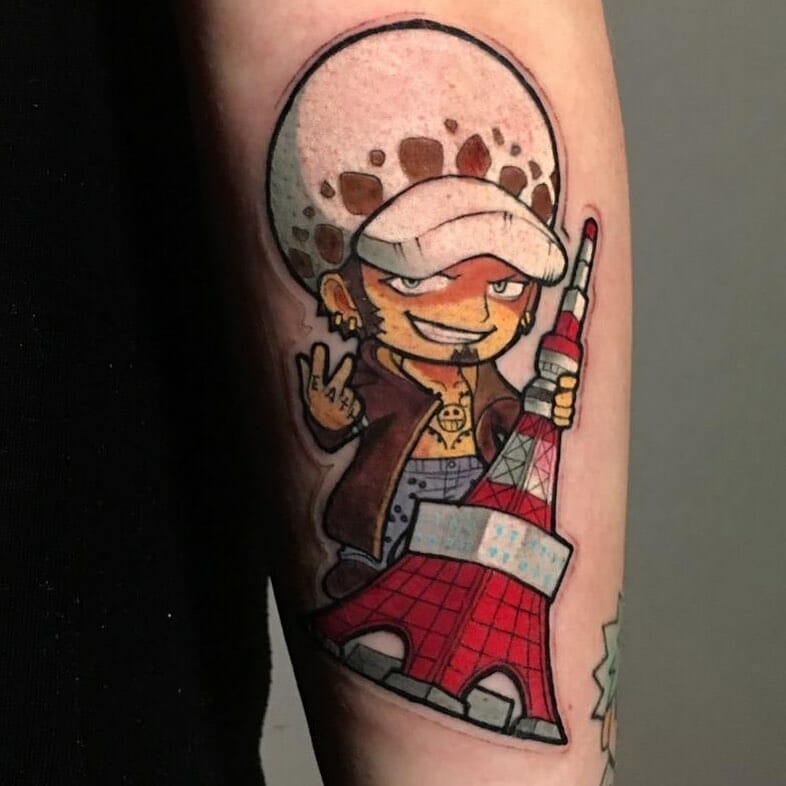 Chibi Trafalgar D Water Law with Tokyo Tower Tattoo Design