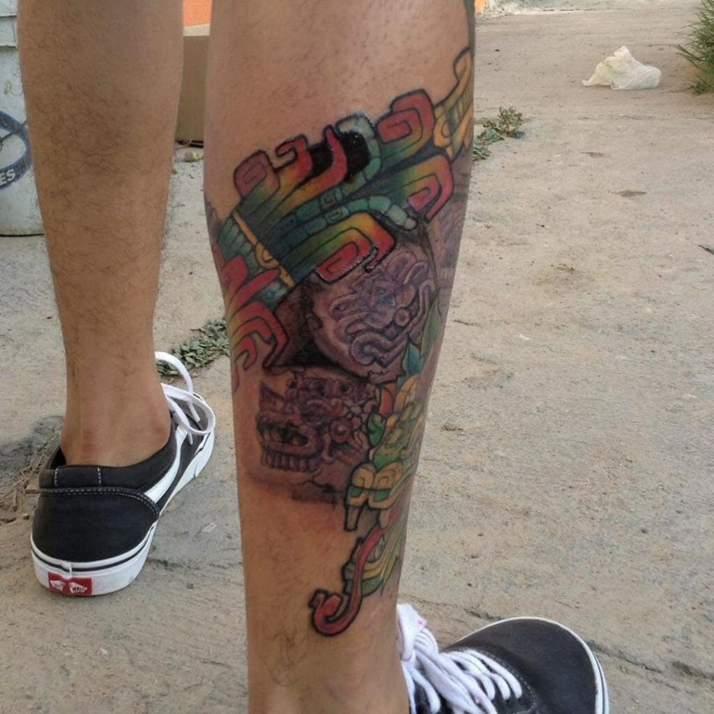 Colored Serpent Men Mayan Tattoo