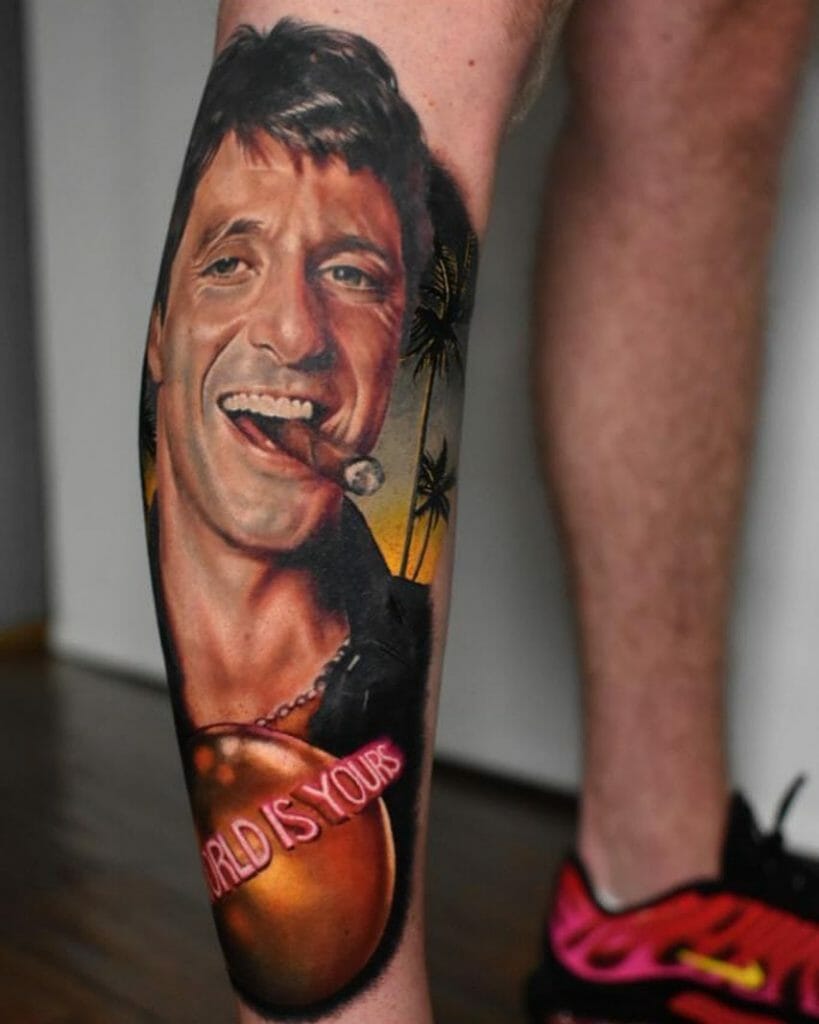 Colorful 3D Tony Montana Tattoo Design Ideas