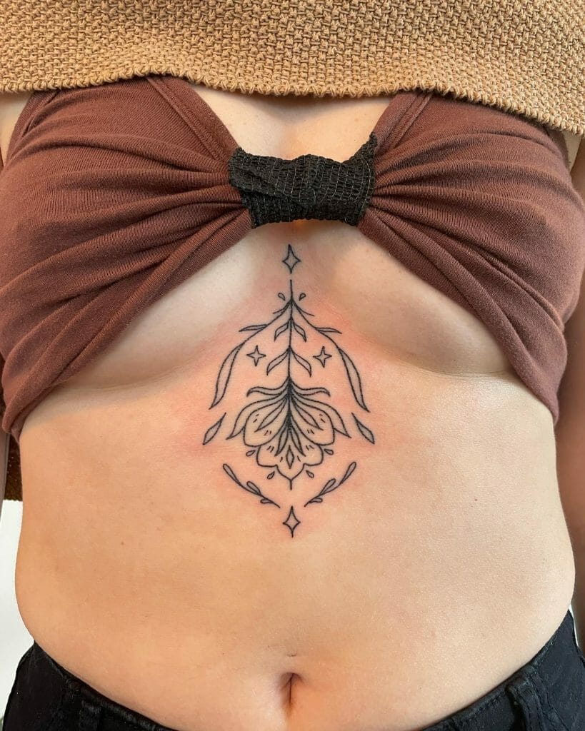 Delicate sternum tattoos with geometric shapes and patterns