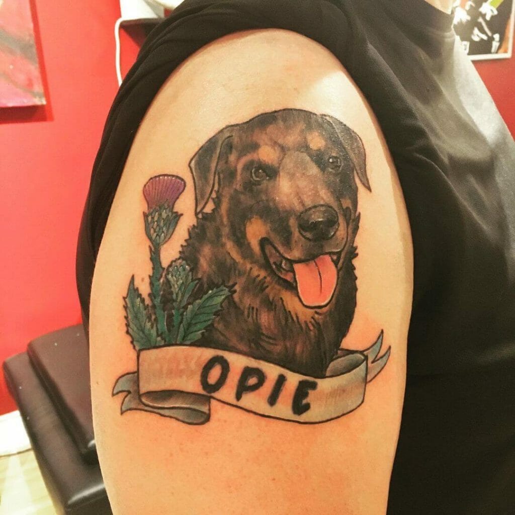 Dog Portrait Tattoo with Thistle Flower and Name Banner