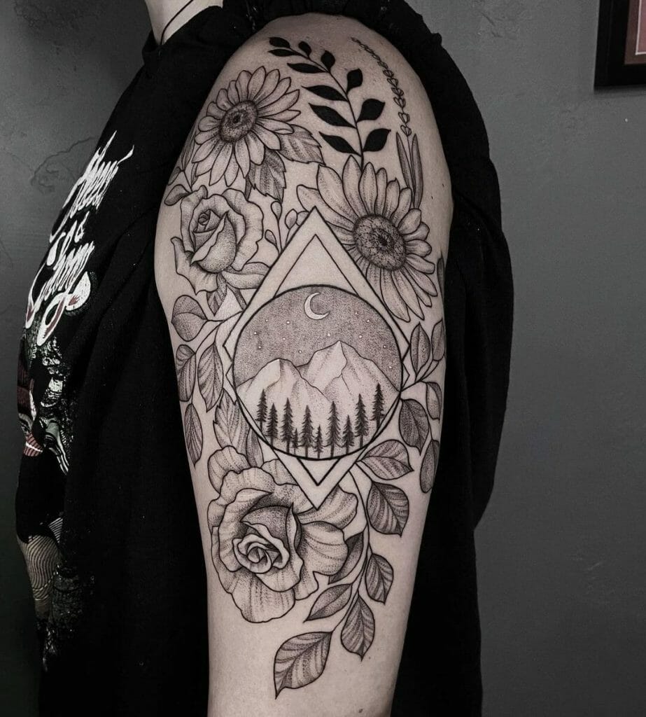 Elaborate Flowers And Stars Tattoo Designs On Sleeve