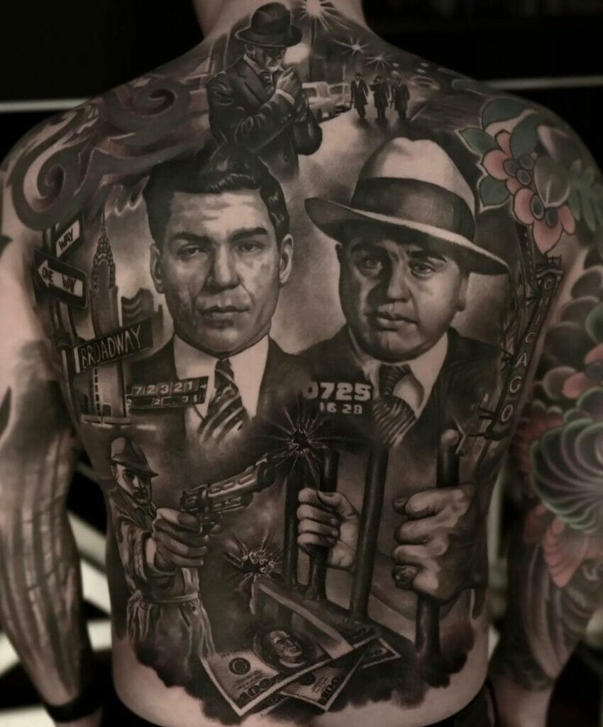 Famous gangsters and gun tattoo on back