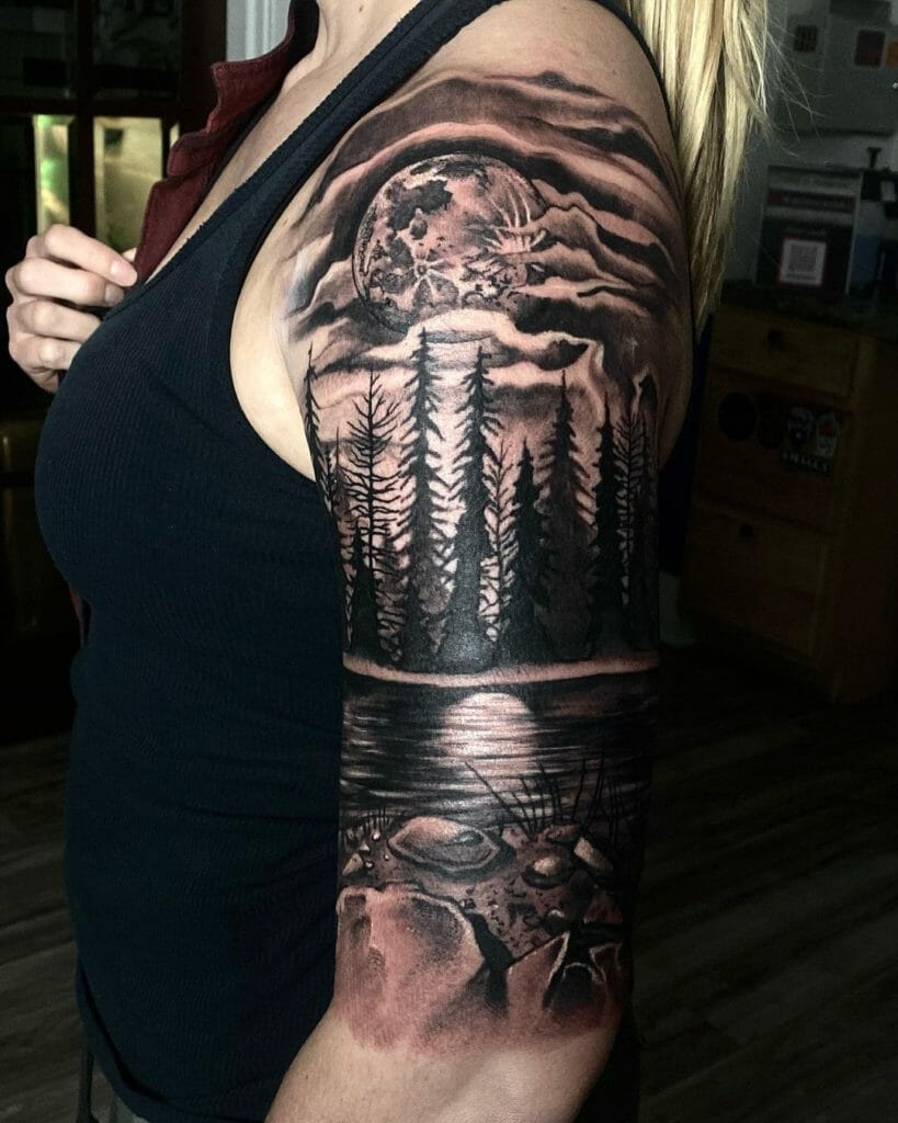 Forest and Moon Sleeve Tattoo