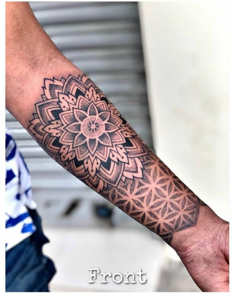 Tatuaje de media manga de mandala geométrico