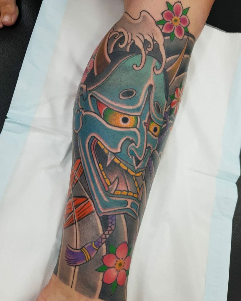 Hannya Mask Japanese Full Leg Sleeve Tattoo