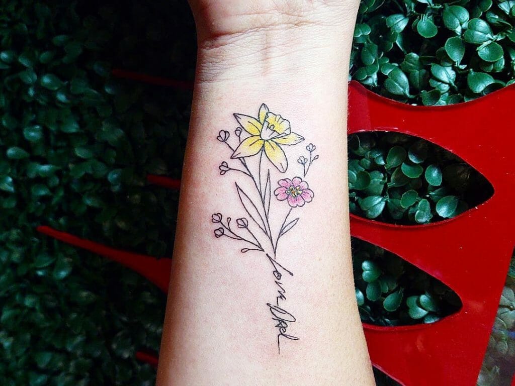 Floral Bouquet with Script Tattoo.