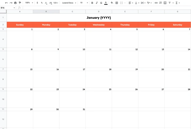 Google Sheets calendar example: January