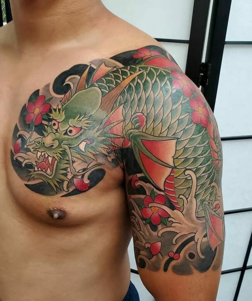 Japanese Green Dragon Half Sleeve Tattoo