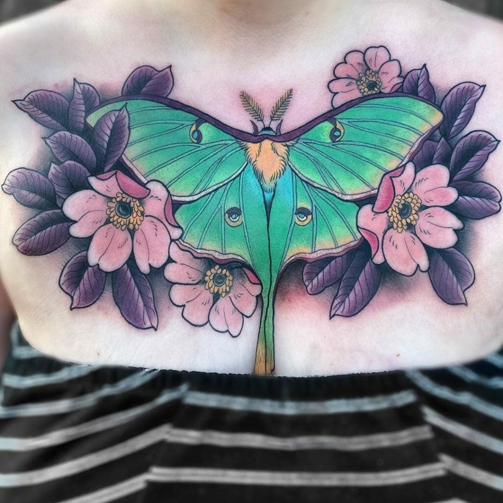 Large Moon Moth with Sakura Flowers Chest Tattoo