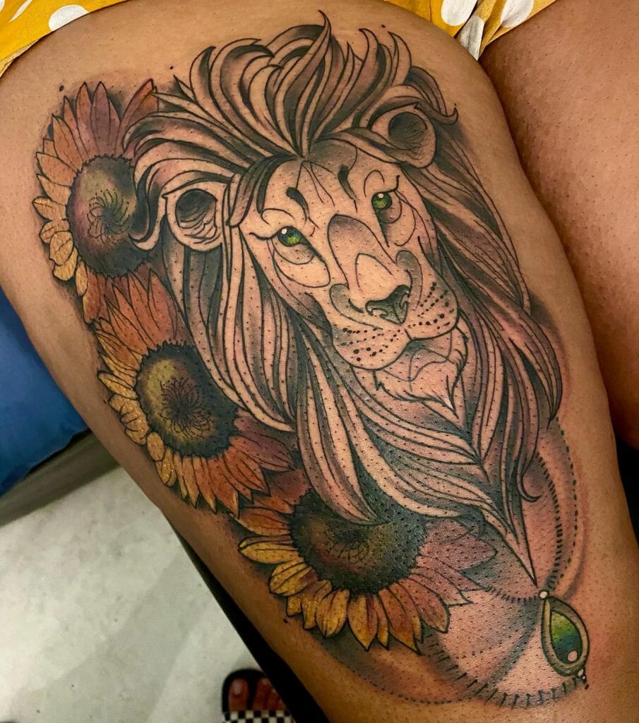 Thigh tattoo of a lion surrounded by sunflowers, symbolizing strength, warmth, and growth with intricate linework and dot shading.