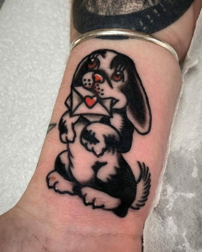 Cute Dog Tattoo Holding a Love Letter Envelope