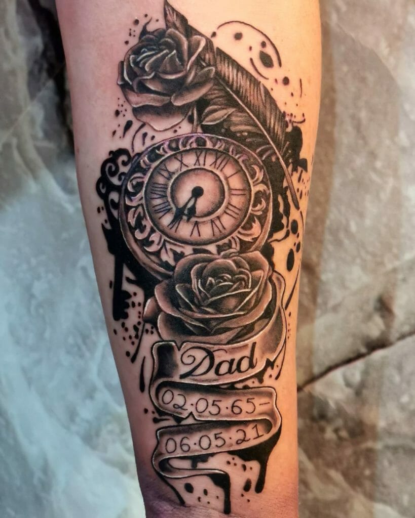 Memorial Clock and Roses Tattoo for Dad.