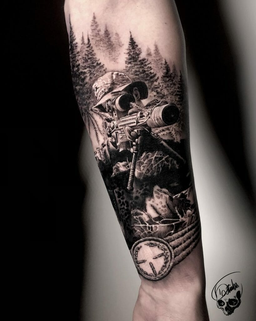 Realistic sniper in the woods military sleeve tattoo with detailed forest background and sniper scope focus.