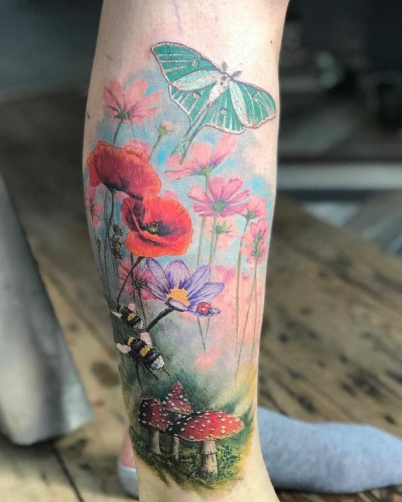 Nature Scenery Flowers and Luna Moth Tattoo