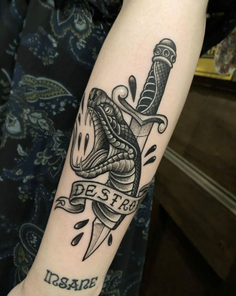 Neotraditional Snake Tattoo With A Dagger Motif