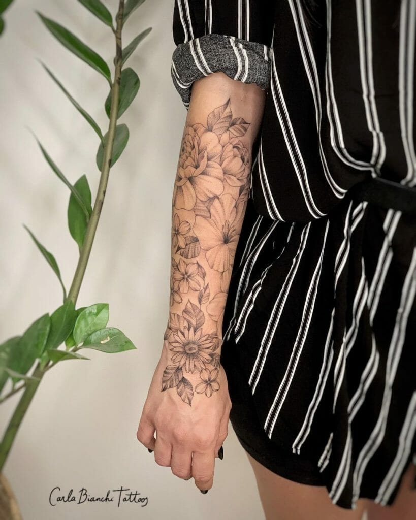 Outline Flower Sleeve Tattoo