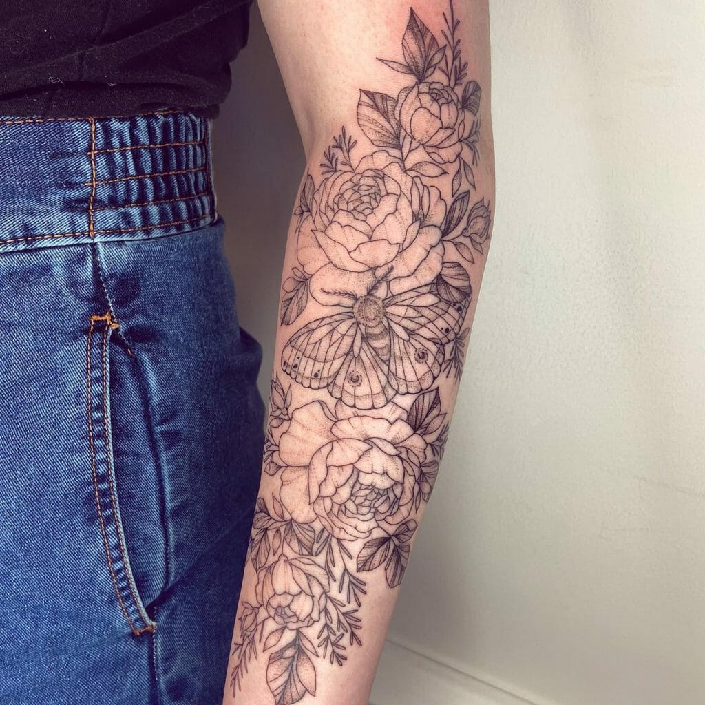 Peonies And Moth Sleeve Tattoos