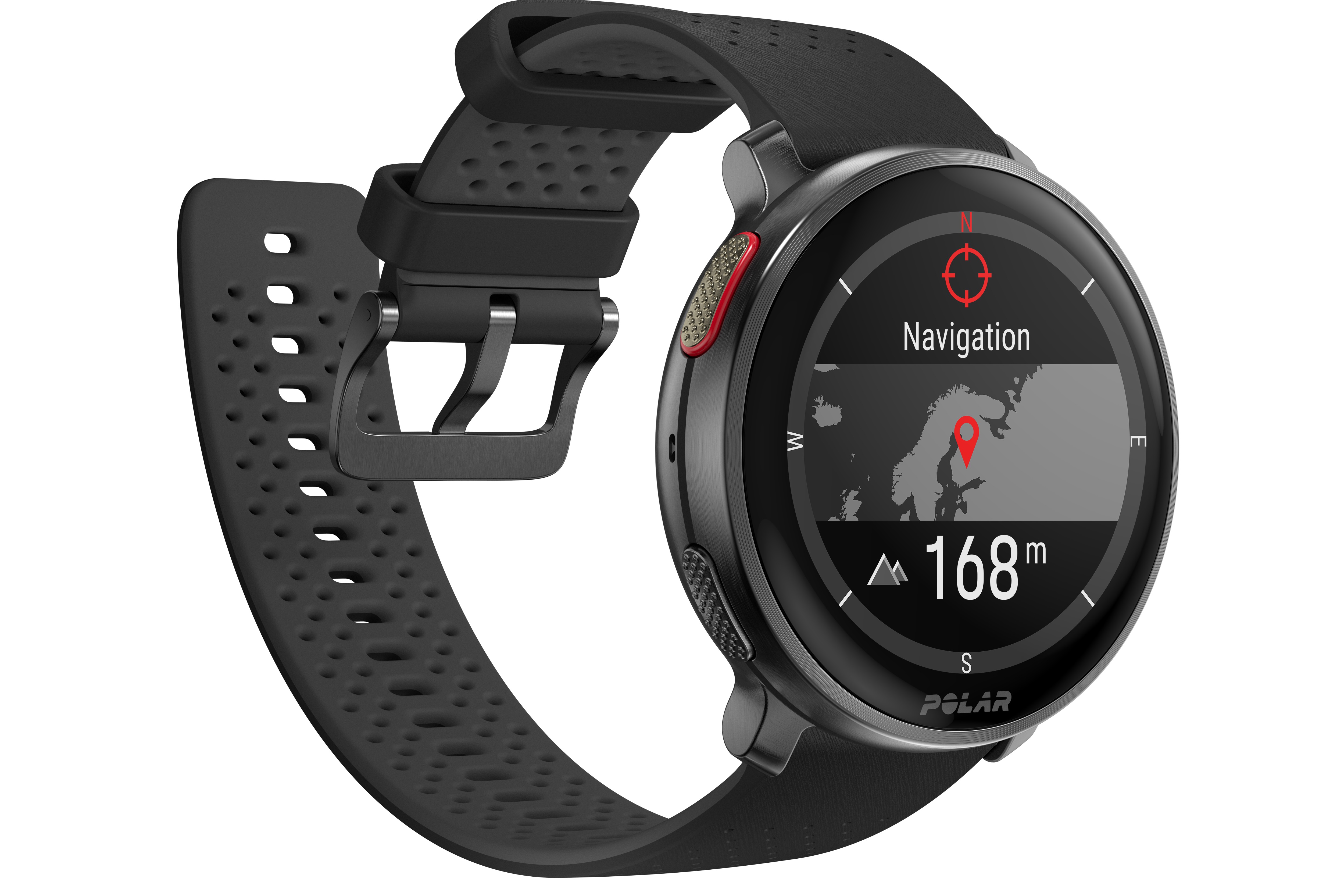 A Polar Vantage V3 in black showing the navigation screen.