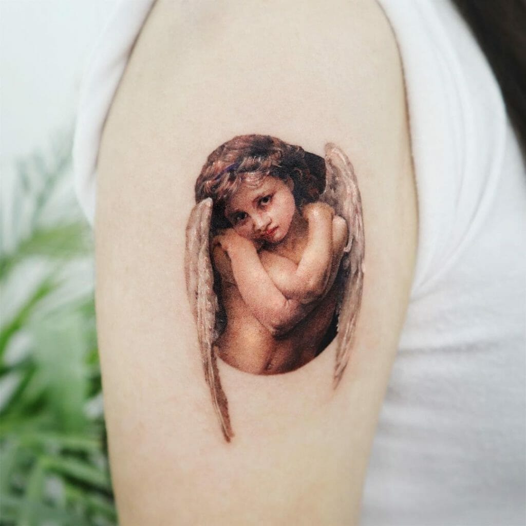 Realistic baby angel tattoo with wings