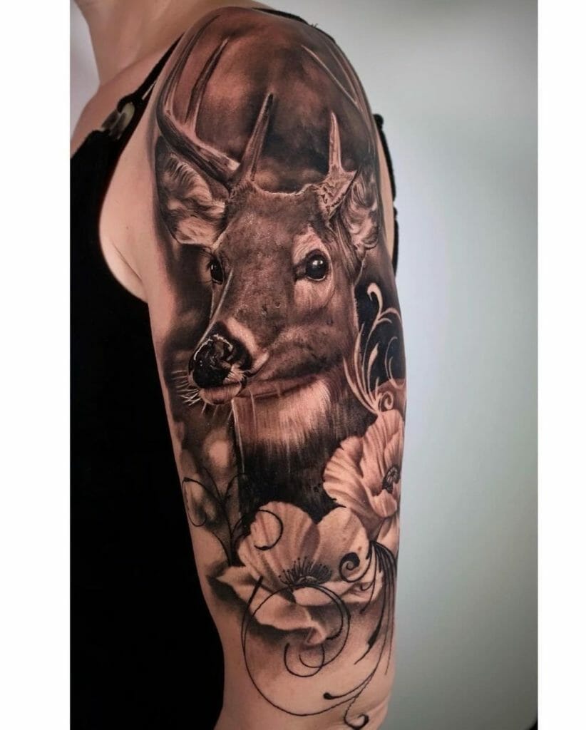 Realistic sleeve tattoo of a black and gray deer