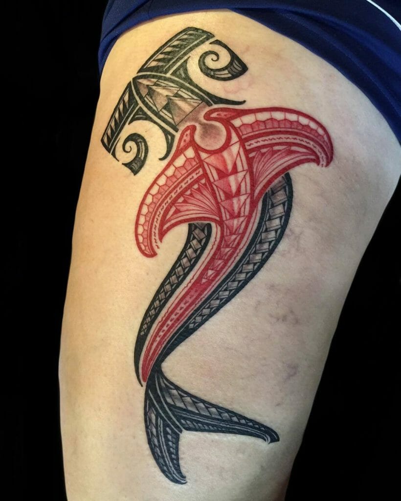 Red And Black Hawaiian Hammerhead Shark Tattoo