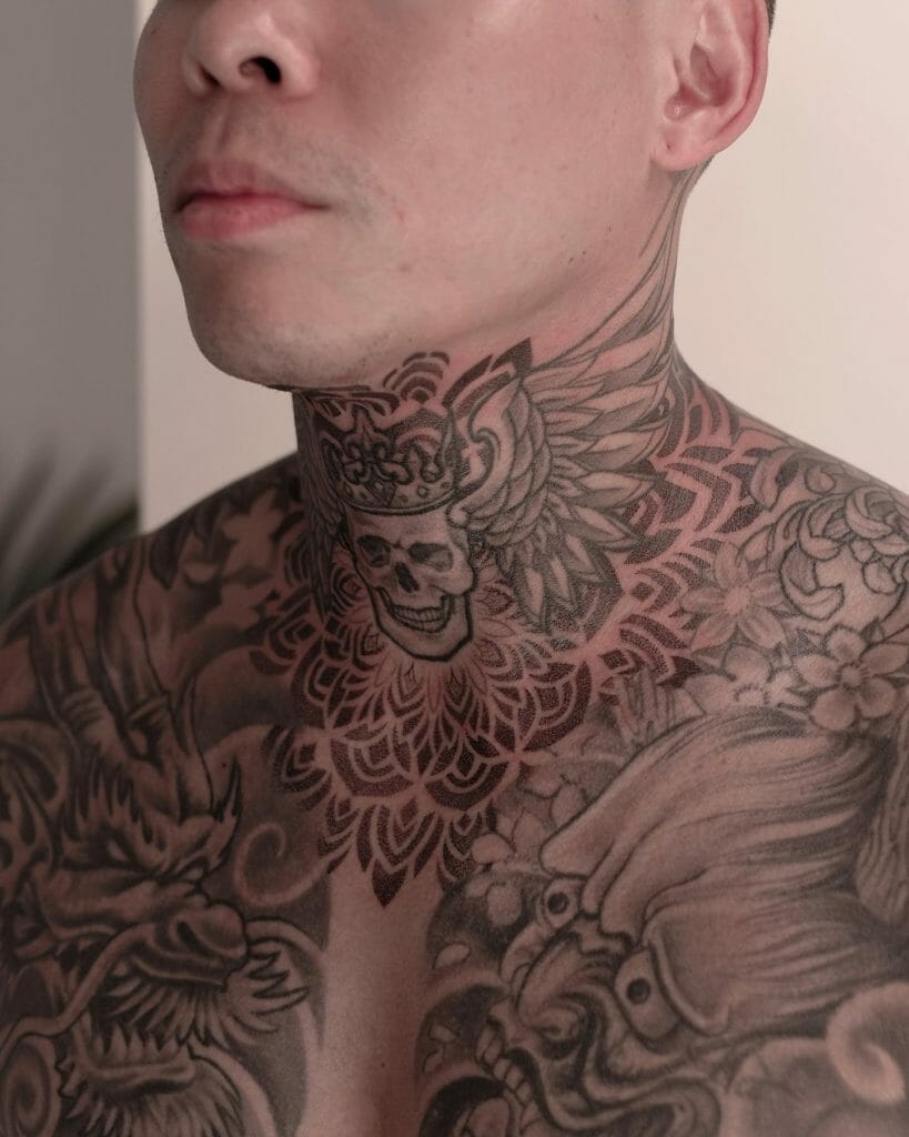 Skull Crown Neck Tattoo Designs