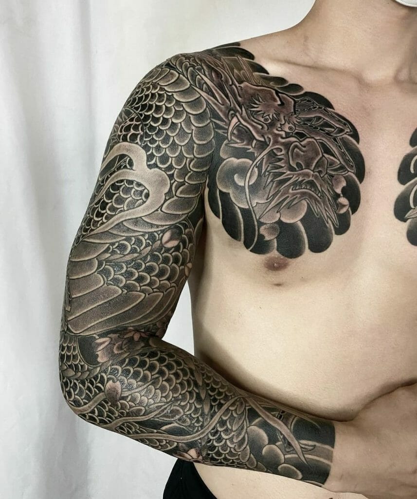 Traditional Black And Grey Japanese Dragon Tattoo Sleeve Design