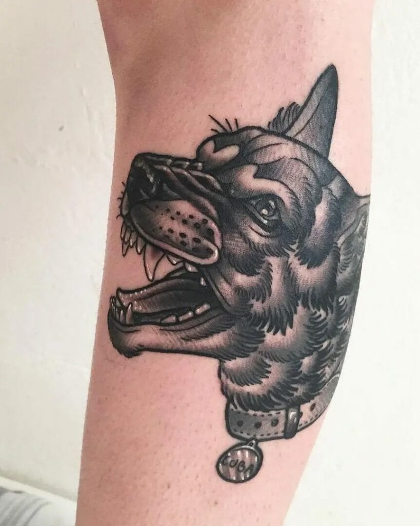 Fierce Dog Tattoo with Detailed Shading and Collar Tag