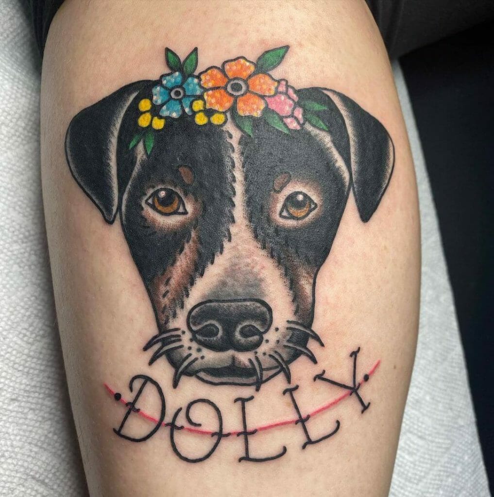 Dog Portrait Tattoo with Floral Crown and Personalized Name