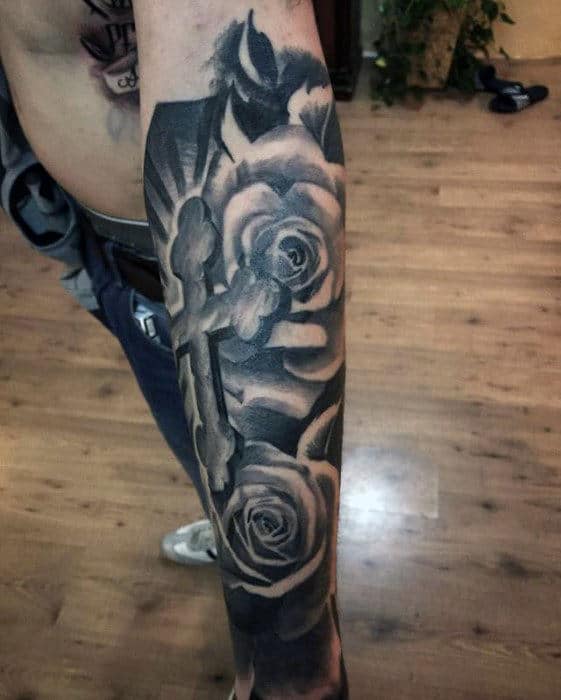 Leg Sleeve Cross Tattoo