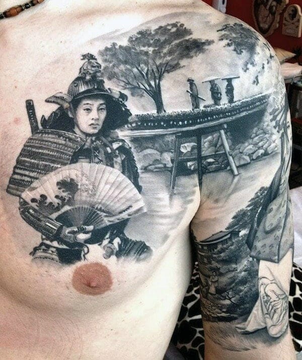 Detailed black and grey chest tattoo of a samurai with Japanese landscape and bridge scene