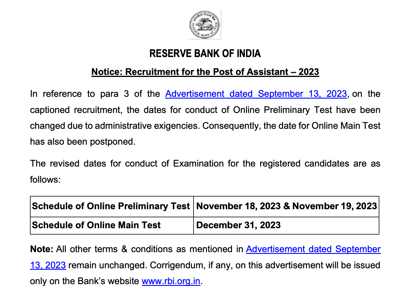 RBI Assistant Exam Date 2023