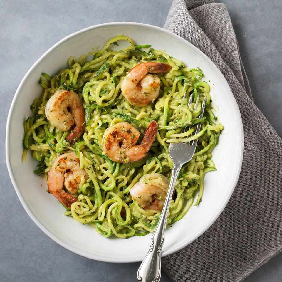 Zucchini Noodles with Avocado Pesto & Shrimp