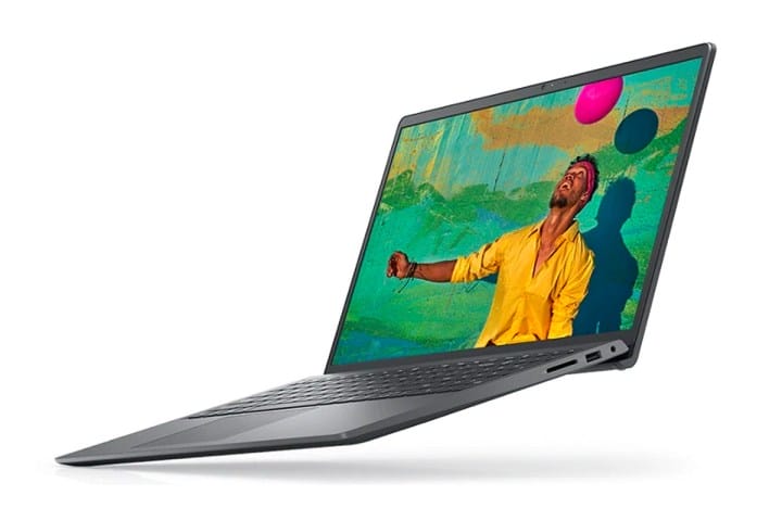 Dell Inspiron 15 3000 laptop displaying a colorful scene on a white background.