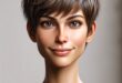 casual pixie cut hairstyle featuring short bangs